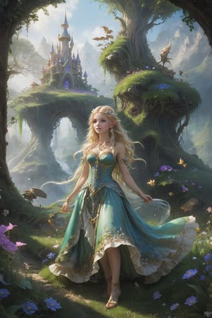 Create an enchanting and whimsical image of a eLEGANT elf girl with flowing blonde Hair, exploring the magical realm of Neverland. Picture her in a vibrant meadow surrounded by fantastical creatures, lost in this timeless and(( dreamlike world)). Capture the essence of innocence, fear, and the endless obstacles that unfold in the encasing landscapes of Neverland. | stunning detail, creative, cinematic, amazing composition, elegant, sad, fascinating, highly detailed, intricate, dynamic, beautiful, positive light, cute, engaging, new, enhanced,EpicLand,oil paint,6000, ruins,more detail XL,realistic