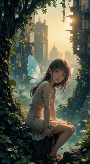 Here's an enhanced prompt:

Whispers of wonder fill the desolate cityscape as a delicate faery with translucent wings aglow, crouches beside a small human girl clad in a tattered dress, her eyes wide with awe. The faery's ethereal light dances across the ruins, contrasting beautifully with the dark, crumbling skyscrapers and overgrown vines. Golden hour hues filter through the hazy sky, casting a warm glow on the scene. Framed from a low angle, the composition draws attention to the faery's luminescent wings, while the girl's rapt expression captures our imagination. In this dystopian world, where nature reclaims what was lost, the faery's gentle presence and the girl's childlike wonder evoke a sense of hope and resilience.