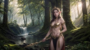 Photorealistic depiction of an Elf Princess in ancient forest ruins, staff raised high, beams of sunlight creating a halo effect, wearing revealing, enchanted clothing, rule of thirds composition, golden hour, sharp focus, lush environment, ethereal mood, Nikon D850, 8k resolution,More Detail COWBOY SHOT