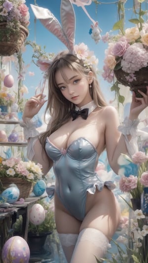 A surrealistic artwork blending fantasy and reality, featuring a Playboy Easter Bunny Girl amidst a field of floating flowers and suspended decorated eggs. The scene exudes an otherworldly charm, with the seductive allure of the bunny girl adding an unexpected and delightful twist to the whimsical composition.,animal ears,  playboy bunny, strapless leotard