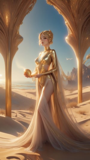 "(((Enchanting girl)) in an Art-Deco fantasy, holding a ((gilded)) shell, surreal landscape with ((soft light)),, thoughtfully composed, ((serene)) dune panorama, ((ethereal)) atmosphere, golden hour magic),, best quality, high resolution, detailed, ((masterpiece)),,nodf_lora,fantasy