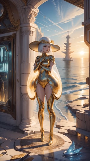 "best quality, golden hour, a young girl standing on an alien shoreline, cradling a large shell with a mother-of-pearl finish, the shell reflecting the golden light of an alien sun, the landscape dotted with bioluminescent plants and distant, towering structures, rule of thirds composition, her expression a mix of awe and curiosity, photorealistic, high resolution, a surreal blend of science fiction and fantasy"",DonM71m37r4v3l