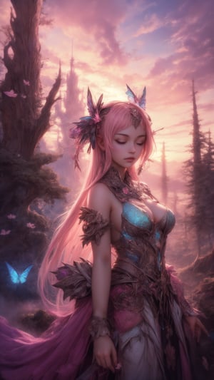 A girl's face fills the frame, her eyes closed in rapt attention as a butterfly alights on her cheek. Soft pink clouds drift lazily across the sunset sky behind her, blending into a fantastical landscape of twisted trees and glowing mushrooms. In this surreal wonderland, reality melts away as she surrenders to the dream.