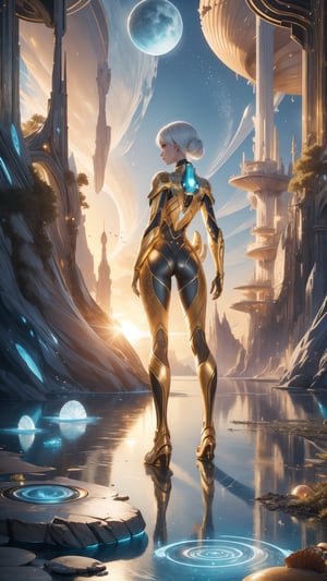 "best quality, golden hour, a young girl standing on an alien shoreline, cradling a large shell with a mother-of-pearl finish, the shell reflecting the golden light of an alien sun, the landscape dotted with bioluminescent plants and distant, towering structures, rule of thirds composition, her expression a mix of awe and curiosity, photorealistic, high resolution, a surreal blend of science fiction and fantasy"",DonM71m37r4v3l