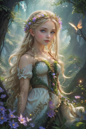 Create an enchanting and whimsical image of a Elegant Beautyful elf girl with flowing blonde Hair, exploring the magical realm of Neverland. Picture her in a vibrant meadow surrounded by fantastical creatures, lost in this timeless and(( dreamlike world)). Capture the essence of innocence, fear, and the endless obstacles that unfold in the encasing landscapes of Neverland. | stunning detail, creative, cinematic, amazing composition, elegant, sad, fascinating, highly detailed, intricate, dynamic, beautiful, positive light, cute, engaging, new, enhanced,EpicLand,oil paint,6000, ruins,more detail XL,realistic