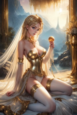 "(((Enchanting girl)) in an Art-Deco fantasy, holding a ((gilded)) shell, surreal landscape with ((soft light)),, thoughtfully composed, ((serene)) dune panorama, ((ethereal)) atmosphere, golden hour magic),, best quality, high resolution, detailed, ((masterpiece)),,nodf_lora,fantasy,corset, Garters, lace-trimmed_kneehighs
