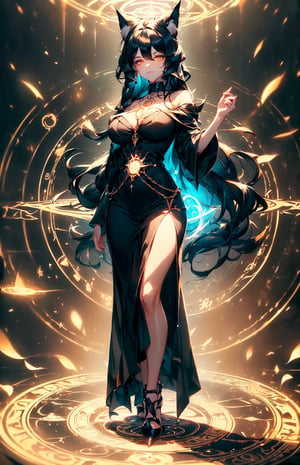 (((Standing in the middle of a magic circle lights around floating hair flying, invoking magic))), ((fox_ears)), ((cat_eyes)), moonlight, (((long black-hair:1.3))), (longhairstyle:1.4), ((light orange eyes)), ((1 mature woman)), (busty), large breasts, best quality, extremely detailed, HD, 8k, 1girl, bioluminescence circle 