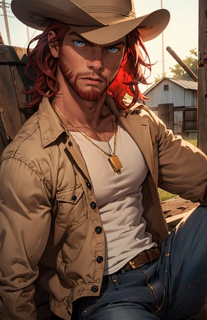 ((farm)), (((red medium hair:1.3))), (medium hair style:1.4), ((blue eyes:1.4)), ((1 mature man)), (muscular male), ((male focus)), best quality, extremely detailed, HD, 8k, pectoral lift, pectorals, ((serrated beard:1.3)),1boy, Sexy Muscular,Male focus, abs, ab_lines, fit, muscular_body, Muscular, ((anger face)), ((black cowboyr pants)), cowboy boots, cowboy_hat, (white shirt), (jeans jacket), (gold chain around neck),1 girl,man