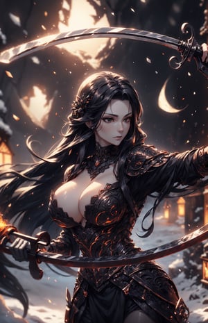 (viking armor), (((long black-hair:1.3))), (longhairstyle:1.4), (black eyes:1.3), ((pale skin)), ((1 mature woman:1.3)), (busty), large breasts, best quality, extremely detailed, HD, 8k,1 girl,yuzu, ((snow field, nordic scenery, night,)) abs, ab_lines, fit,emb3r4rmor, ((holding an ax in each hand)),embers