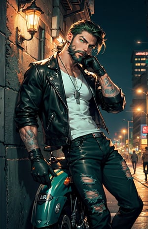 ((holding a cigarette)), ((leaning against a wall)), ((city at night, lampposts, motorbikes nearby:1.3)), ((ripped leather pants, combat boots, white t-shirt, spiked leather jacket, biker gloves)), (dark_black long hair:1.3), (longhairstyle:1.4), ((green eyes:1.4)), ((1 mature man)), (muscular male), ((male focus)), best quality, extremely detailed, HD, 8k, pectoral lift, pectorals, ((serrated beard:1.3)),1boy