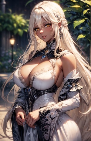 (((fantasy garden background:1.3))), (((long platinum_blonde hair:1.3))), (longhairstyle:1.4), ((yellow eyes)), ((dark skin)), ((1 mature woman)), (busty), large breasts, best quality, extremely detailed, HD, 8k, (happy face), (happy eyes), white_dress