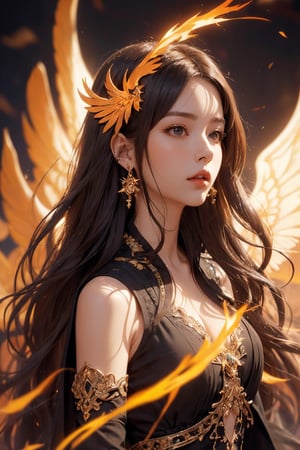 long wavy hairs, 1girl, accessories, piercing, intricate background, fantasy, mythical, misterious, masterpiece, best quality, dynamic angle, cinematic composition, detailed face, fire bang background, fire wings,1 girl