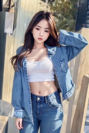 masterpiece, best quality, photorealistic, 8k raw photo, sole_female , standing pose, beautiful face, denim_pants, jeans jacket, colorful, flirtig on viewer, medium_breasts, detailed, perfect body,asian girl