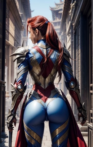 Ultra detailed realistic photo scene UHD 8K HDR, 1 red-haired woman, blue eyes, long hair, slim, perfect model body, super detailed fantasy armor, view from behind, warrior of xian