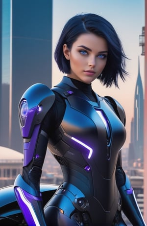UHD 8K realistic photo scene, beautiful young girl, medium height, pretty face, short dark blue hair, violet eyes, robotic body, black bodysuit, futuristic armor, posing with a futuristic motorcycle with the city in the background