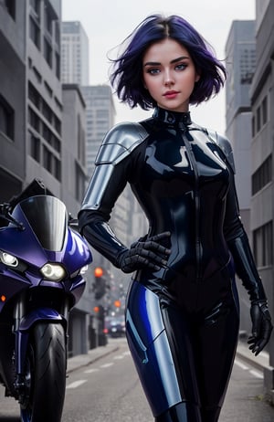 UHD 8K realistic photo scene, beautiful young girl, medium height, pretty face, short dark blue hair, violet eyes, robotic body, black bodysuit, futuristic armor, posing with a futuristic motorcycle with the city in the background,short hair