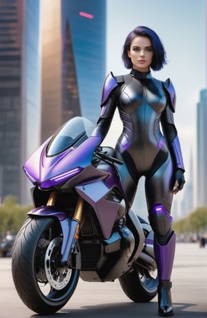 UHD 8K realistic photo scene, beautiful young girl, medium height, pretty face, short dark blue hair, violet eyes, black bodysuit, futuristic armor, posing with a futuristic motorcycle with the city in the background