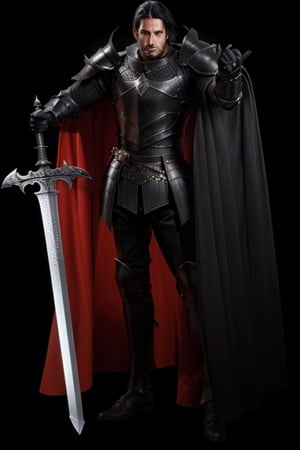 8K UHD photorealistic image, tall strong man, long black hair, black eyes, black full armor, black arm and leg armor, black large armor shoulder pads, black large armor collar, long black cape black color, large claymor sword