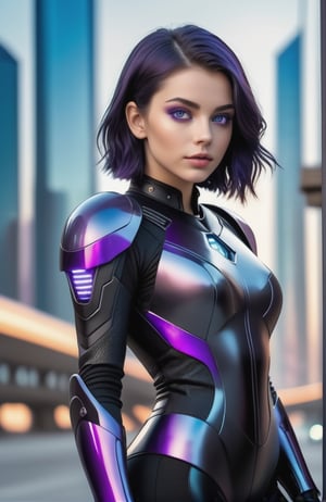 UHD 8K realistic photo scene, beautiful young girl, medium height, pretty face, short dark blue hair, violet eyes, black bodysuit, futuristic armor, posing with a futuristic motorcycle with the city in the background