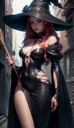 photorealistic,realistic illustration ((masterpiece)),((ultra quality)),((ultra detailed)),((1 young woman)), Perfect anatomy, perfect hands, beautiful body, exceptionally Beauty Waifu Princesse witch, a wand witch in one hand and a broom in the other hand, ((witch clothing long black dress, black witch hat)), long wavy red hair, bright deep red lipstick, ((perfect detailed blue eyes)) , moonlit night,foggy,((Extremely CG Unit 8K Wallpaper)),((cinematic lighting,Best quality lights)),Intricate details,Smooth,Sharp focus,extremely beautiful and aesthetic,Rendering Octane, full-length portrait, white skin, ((Perfect detailed body)), Halloween