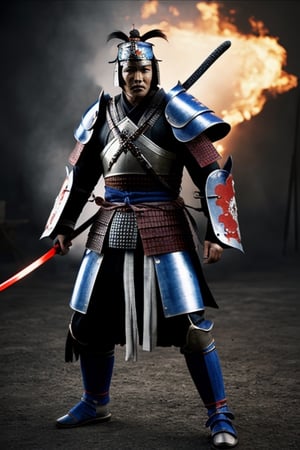 UHD 8K scene, hyper realistic photographic quality, war scene, samurai warrior, complete sumurai armor with blue and red color, fighting with a sumurai sword in his hands.