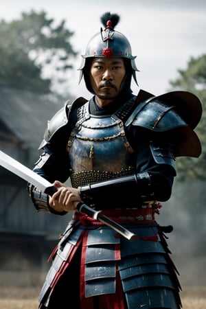 UHD 8K scene, hyper realistic photographic quality, war scene, samurai warrior, complete sumurai armor with blue and red color, fighting with a sumurai sword in his hands.