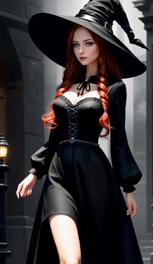 Photorealistic image ((masterpiece)), ((high quality)), intricate, elegant, Highly detailed, majestic, Digital photography, (Masterpiece, Side lighting, beautiful finely detailed eyes: 1.2) UHD 8K, of a beautiful, slim woman and hyperrealistic, (necromancer witch), (medium chest), (thin waist), (long wavy red hair), (blue eyes), ((black dress, witch hat, dark magic))), HDR, (Detailed background yard at night) on halloween