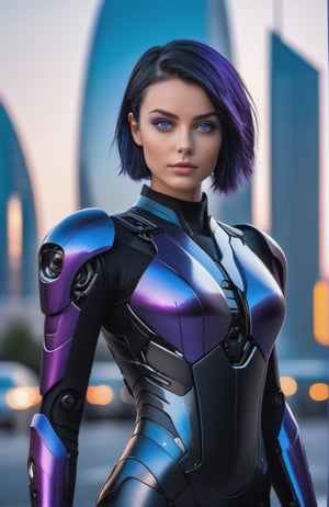 UHD 8K realistic photo scene, beautiful young girl, medium height, pretty face, short dark blue hair, violet eyes, robotic body, black bodysuit, futuristic armor, posing with a futuristic motorcycle with the city in the background