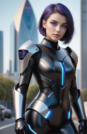 UHD 8K realistic photo scene, beautiful young girl, medium height, pretty face, short dark blue hair, violet eyes, robotic body, black bodysuit, futuristic armor, posing with a futuristic motorcycle with the city in the background