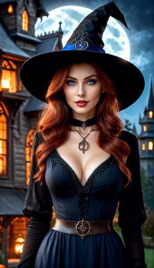 Photorealistic image ((masterpiece)), ((high quality)), intricate, elegant, Highly detailed, majestic, Digital photography, (Masterpiece, Side lighting, beautiful finely detailed eyes: 1.2) UHD 8K, of a beautiful, slim woman and hyperrealistic, (necromancer witch), (medium chest), (thin waist), (long wavy red hair), (blue eyes), ((black dress, witch hat, dark magic))), HDR, (Detailed background yard at night) on halloween