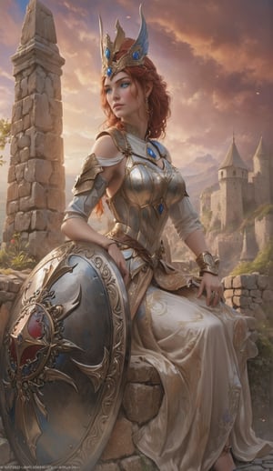 realistic photo scene 8k UHD ((ultra detailed masterpiece)), beautiful red haired and blue eyed woman in a dress sitting on a stone wall with a shield, detailed fantasy art, Stunning fantasy art, fantasy woman, Beautiful fantasy art, Amazing fantasy art, A beautiful fantasy empress, High quality fantasy art, HD fantasy art, Epic fantasy character art, Artgerm and WLOP, Fantasy female paladin, A beautiful female warrior,detailmaster2