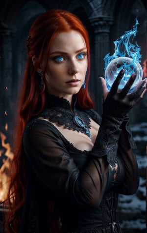 8k portrait of a beautiful necromancer with red hair, intricate, elegant, Highly detailed, majestic, Digital photography, (Masterpiece, Side lighting, beautiful finely detailed eyes: 1.2), HDR, (Detailed background yard at night) blue eyes , black dress, dark magic, ((ice and fire spells coming out of her hands)), huge breasts.