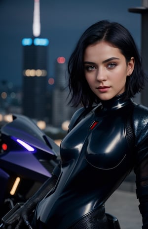 UHD 8K realistic photo scene, beautiful young girl, medium height, pretty face, short dark blue hair, violet eyes, black bodysuit, futuristic armor, posing with a futuristic motorcycle with the city in the background