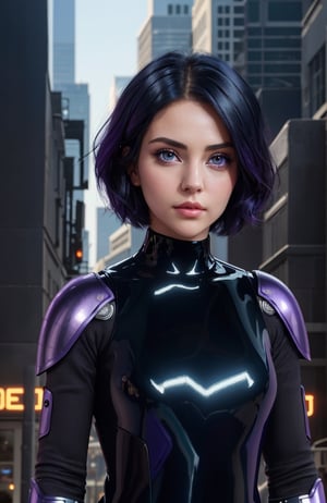 UHD 8K realistic photo scene, beautiful young girl, medium height, pretty face, short dark blue hair, violet eyes, robotic body, black bodysuit, futuristic armor, posing with a futuristic motorcycle with the city in the background,short hair,gallywz