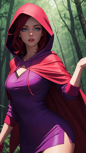 UHD 8K scene, hyper realistic photographic quality, beautiful young girl, red hair, bright blue eyes, 
thief outfit short pink dress, purple hooded cape from Dungeons and Dragons, in the middle of a forest