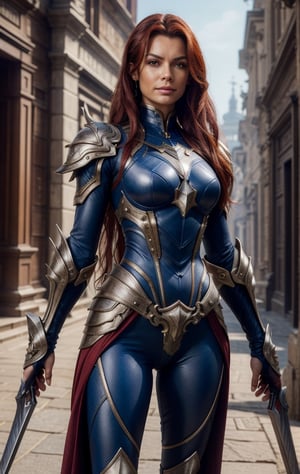 Ultra detailed realistic photo scene UHD 8K HDR, 1 red-haired woman, blue eyes, long hair, slim, perfect model body, super detailed fantasy armor, warrior of xian