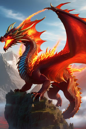 Enter an epic fantasy kingdom where the Dragon reigns. Visualize this impressive creature with a huge spiky body covered in crystalline scales. Imagine the dragon's breath as it scorches the landscape, leaving a trail of ash. Its fiery breath burns the great Yddarsil tree. Its flaming wings create firestorms as it soars through the skies, commanding the power of fire in this photographic masterpiece.
