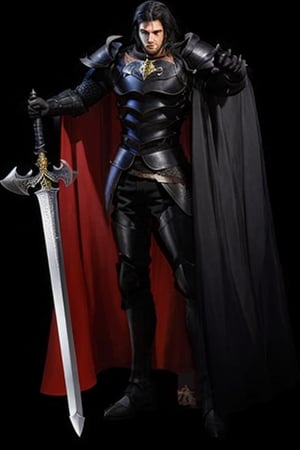 8K UHD photorealistic image, tall strong man, long black hair, black eyes, black full armor, black arm and leg armor, black large armor shoulder pads, black large armor collar, long black cape black color, large claymor sword