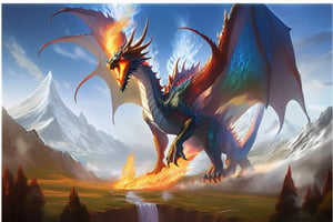 Enter an epic fantasy kingdom where the Dragon reigns. Visualize this impressive creature with a huge spiky body covered in crystalline scales. Imagine the dragon's breath as it scorches the landscape, leaving a trail of ash. Its fiery breath burns the great Yddarsil tree. Its flaming wings create firestorms as it soars through the skies, commanding the power of fire in this photographic masterpiece.