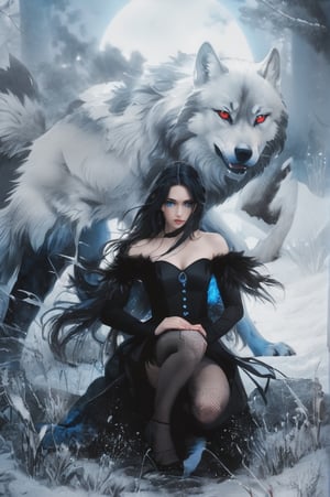 UHD 8K photo image, beautiful young woman, blue-black hair, blue eyes, in a crouching position, wearing a black strapless dress, behind her a giant wolf with white fur and fiery red eyes