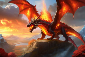 Enter an epic fantasy kingdom where the Dragon reigns. Visualize this impressive creature with a huge spiky body covered in crystalline scales. Imagine the dragon's breath as it scorches the landscape, leaving a trail of ash. Its fiery breath burns the great Yddarsil ash tree. Its flaming wings create firestorms as it soars through the skies, commanding the power of fire in this photographic masterpiece.