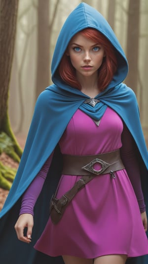 UHD 8K scene, hyper realistic photographic quality, beautiful young girl, red hair, bright blue eyes, 
thief outfit short pink dress, purple hooded cape from Dungeons and Dragons, in the middle of a forest