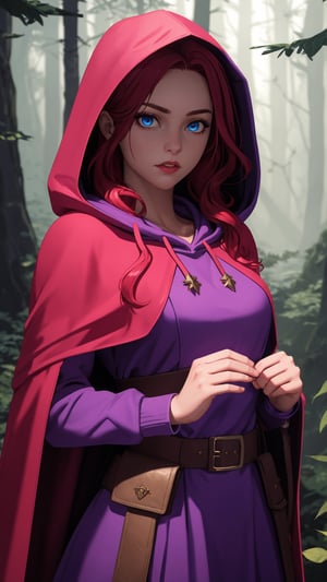 UHD 8K scene, hyper realistic photographic quality, beautiful young girl, red hair, bright blue eyes, 
thief outfit short pink dress, purple hooded cape from Dungeons and Dragons, in the middle of a forest
