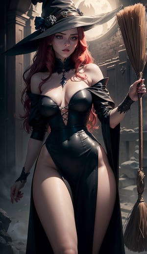 photorealistic,realistic illustration ((masterpiece)),((ultra quality)),((ultra detailed)),((1 young woman)), Perfect anatomy, perfect hands, beautiful body, exceptionally Beauty Waifu Princesse witch, a wand witch in one hand and a broom in the other hand, ((witch clothing long black dress, black witch hat)), long wavy red hair, bright deep red lipstick, ((perfect detailed blue eyes)) , moonlit night,foggy,((Extremely CG Unit 8K Wallpaper)),((cinematic lighting,Best quality lights)),Intricate details,Smooth,Sharp focus,extremely beautiful and aesthetic,Rendering Octane, full-length portrait, white skin, ((Perfect detailed body)), Halloween
