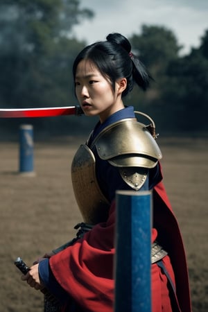 UHD 8K scene, hyper realistic photographic quality, war scene, samurai woman warrior, complete sumurai armor with blue and red color, fighting with a sumurai sword in her hands.