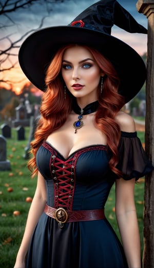 Photorealistic image ((masterpiece)), ((high quality)), intricate, elegant, Highly detailed, majestic, Digital photography, (Masterpiece, Side lighting, beautiful finely detailed eyes: 1.2) UHD 8K, of a beautiful, slim woman and hyperrealistic, (necromancer witch), (medium chest), (thin waist), (long wavy red hair), (blue eyes), ((black dress, witch hat, dark magic))), HDR, (Detailed background yard at night) on halloween