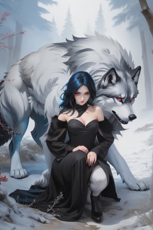 UHD 8K photo image, beautiful young woman, blue-black hair, blue eyes, in a crouching position, wearing a black strapless dress, behind her a giant wolf with white fur and fiery red eyes