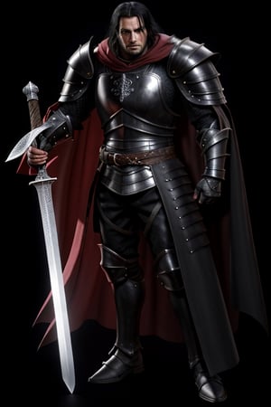 8K UHD photorealistic image, tall strong man, long black hair, black eyes, black full armor, black arm and leg armor, black large armor shoulder pads, black large armor collar, long black cape black color, large claymor sword