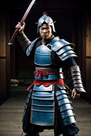 UHD 8K scene, hyper realistic photographic quality, war scene, samurai warrior, complete sumurai armor with blue and red color, fighting with a sumurai sword in his hands.