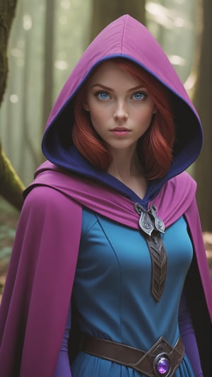 UHD 8K scene, hyper realistic photographic quality, beautiful young girl, red hair, bright blue eyes, 
thief outfit short pink dress, purple hooded cape from Dungeons and Dragons, in the middle of a forest